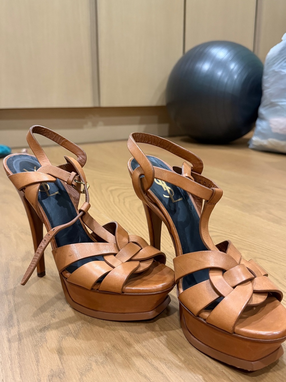 Yves Saint Laurent Cognac Leather Knotted Platform Sandals